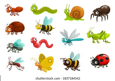 Cute bugs and insects cartoon characters. Happy smiling ant, caterpillar and snail, spider, beetle and bee, fly, earthworm and dragonfly, grasshopper, mosquito and butterfly, bumblebee, ladybug vector