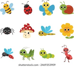 Cute bugs and insects cartoon characters, bumblebee, ladybug, ant, caterpillar, snail, spider, bee, dragonfly, grasshopper, mosquito, butterfly