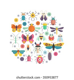 Cute bugs and insects circle design element made in vector. Colorful concept for house decoration, t-shirt design.