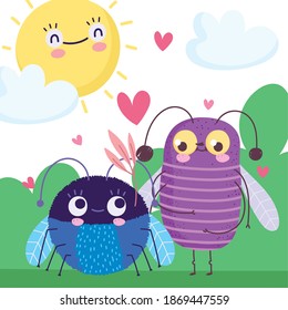 cute bugs on grass with hearts sun sky cartoon vector illustration