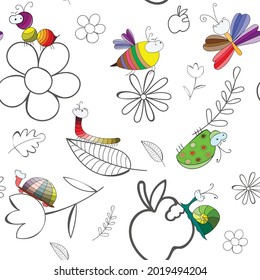 Cute bugs vector cartoon seamless pattern on a white background.