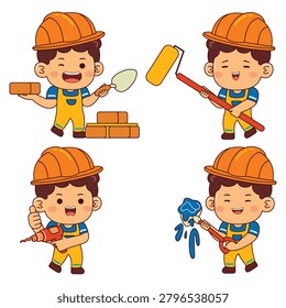 cute builder boy cartoon character vector illustration