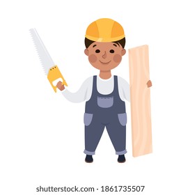 Cute Builder with Plank and Saw, Little Boy Carpenter Character in Hard Hat and Blue Overalls with Construction Tools Cartoon Style Vector Illustration