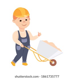 Cute Builder Pushing Wheelbarrow Full of Sand, Little Boy in Hard Hat and Blue Overalls with Construction Tools Cartoon Style Vector Illustration