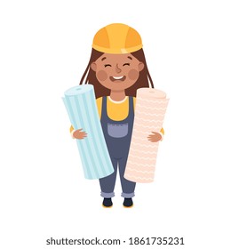 Cute Builder with Rolls of Wallpaper, Little Girl in Hard Hat and Blue Overalls with Construction Tools Cartoon Style Vector Illustration