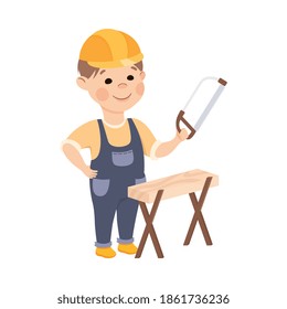 Cute Builder Sawing Plank with Saw, Little Boy Carpenter Character in Hard Hat and Blue Overalls with Construction Tools Cartoon Style Vector Illustration