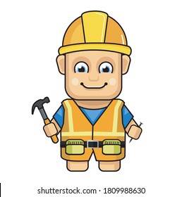 Cute builder vector The Concept of Isolated Technology. Flat Cartoon Style Suitable for Landing Web Pages, Banners, Flyers, Stickers, Cards