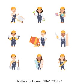 Cute Builders Set, Little Boys and Girls in Hard Hats and Blue Overalls Working with Construction Tools Cartoon Style Vector Illustration