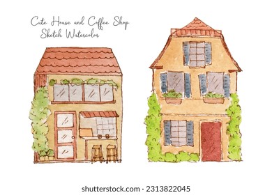 Cute Building House and Cafe Sketch Watercolor Collection