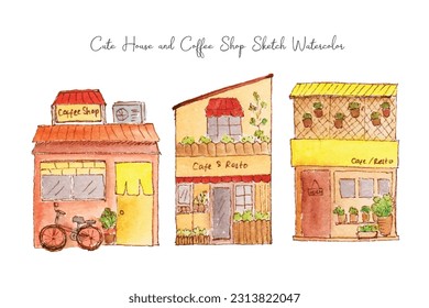 Cute Building House y Cafe Sketch Watercolor Collection