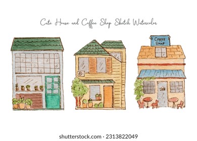 Cute Building House y Cafe Sketch Watercolor Collection