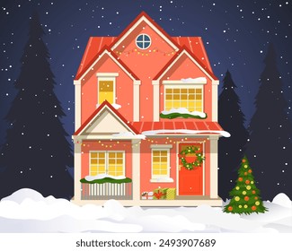 Cute building two floors house with windows and entrance view. All around snowdrifts, fir tree at yard, lanterns for xmas. Snowy weather in winter town. Vector illustration for social media, cards