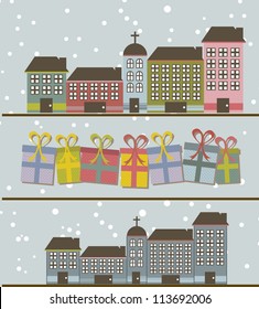 cute buildings with gifts and snow background. vector illustration