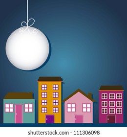 cute buildings with moon over night background. vector illustration