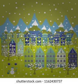 Cute buildings on green, yellow and blue colors. Merry christmas card with house. Happy new year. Vector illustration.