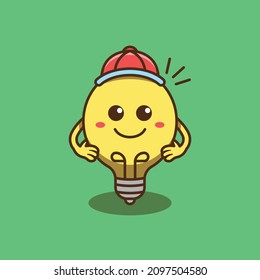 Cute Bulb Character Wearing Hat. Vector Illustration Of Bulb With Cartoon Style. Character Bolham For Education. Great For Stickers, Web Landing Pages, Pamphlets, Mascots, Icons, Stationery And More.