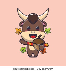 Cute bull with acorns at autumn season. Mascot cartoon vector illustration suitable for poster, brochure, web, mascot, sticker, logo and icon.