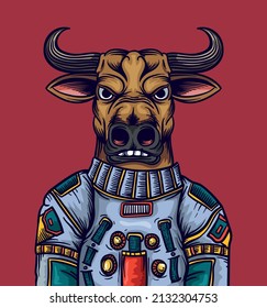 Cute bull astronaut cartoon vector icon illustration close up