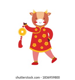 Cute bull baby girl  with old gold coins of luck on a red string. Symbol of the new year 2021. Ox in a traditional Chinese costume. Cartoon animal character. Happy chinese new year. Zodiac sign