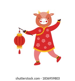 Cute bull baby girl with a red chinese paper lantern. Symbol of the new year 2021. Ox in a traditional Oriental costume. Cartoon funny kid animal character. Happy chinese new year. Zodiac sign