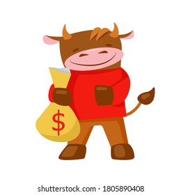 Cute bull with a bag of money Vector illustration. Flat style. Isolated on a white background.