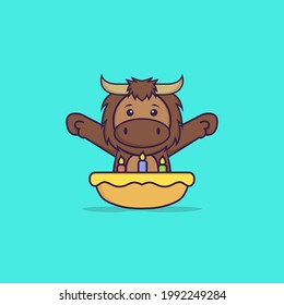 Cute bull with birthday cake. Animal cartoon concept isolated. Can used for t-shirt, greeting card, invitation card or mascot.