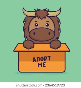 Un toro lindo en la caja con un afiche Adopta a mí. El concepto de caricatura animal aislado. Puede usarse para camisetas, tarjetas de felicitación, tarjetas de invitación o mascota.