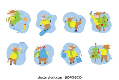 Cute bull bulls for new year design. Set of graphics. 2021 is the year of the ox. Happy Chinese new year greeting card. 2021 Ox zodiac. Vector illustration.