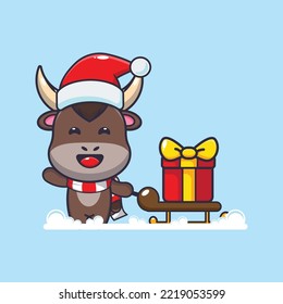 Cute bull carrying christmas gift box. Cute christmas cartoon illustration. 
