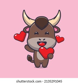 cute bull cartoon character holding love heart in valentines day