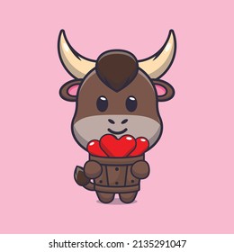 cute bull cartoon character holding love in wood bucket