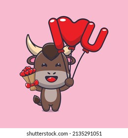 cute bull cartoon character holding love ballon and love flowers