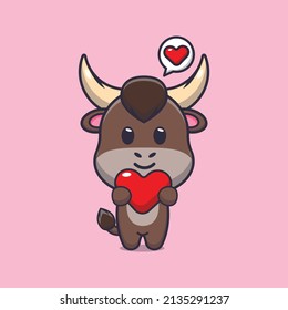 cute bull cartoon character holding love heart