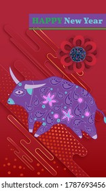 Cute bull cartoon character mascot. Happy new year 2021. Year of the bull.