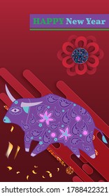 Cute bull cartoon character mascot. Happy new year 2021. Year of the bull.