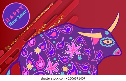 Cute bull cartoon character mascot. Happy new year 2021. Year of the bull.