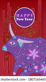 Cute bull cartoon character mascot. Happy new year 2021. Year of the bull.