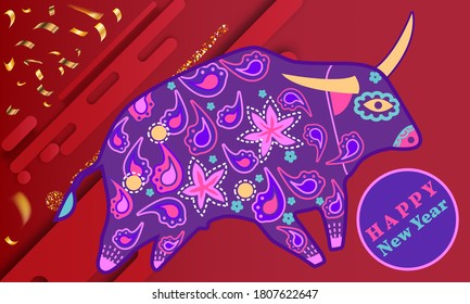 Cute bull cartoon character mascot. Happy new year 2021. Year of the bull.