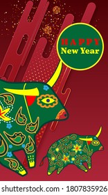 Cute bull cartoon character mascot. Happy new year 2021. Year of the bull.