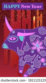 Cute bull cartoon character mascot. Happy new year 2021. Year of the bull.