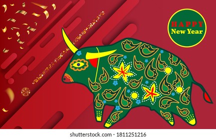 Cute bull cartoon character mascot. Happy new year 2021. Year of the bull.
