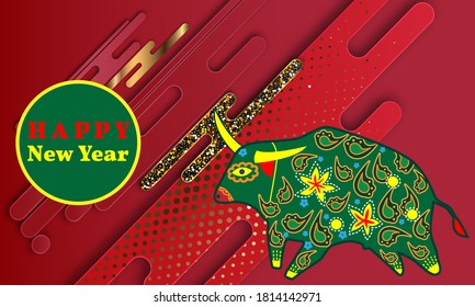 Cute bull cartoon character mascot. Happy new year 2021. Year of the bull.