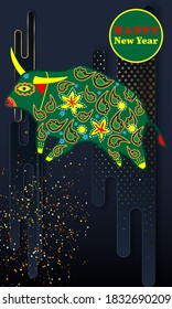 Cute bull cartoon character mascot. Happy new year 2021. Year of the bull.