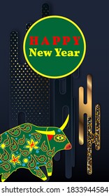 Cute bull cartoon character mascot. Happy new year 2021. Year of the bull.