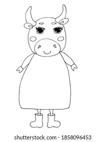 Cute bull cartoon coloring book or page. Symbol bull year. 