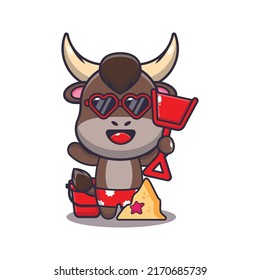 Cute bull cartoon mascot character playing sand beach