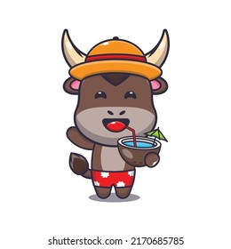 Cute bull cartoon mascot character drink fresh coconut