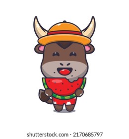 Cute bull cartoon mascot character eat fresh watermelon