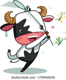 cute bull catches butterflies with a butterfly net