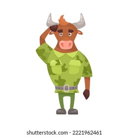 Cute bull character in camouflage cartoon illustration. Serious animal soldier in military uniform saluting officer. Army, zoo, warrior concept